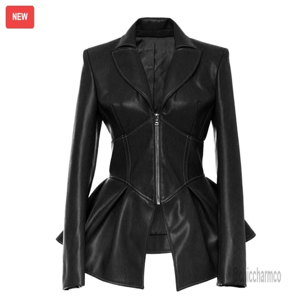 Faux Leather Biker Jacket Zip Up Long Sleeve Slim Fit Shaping